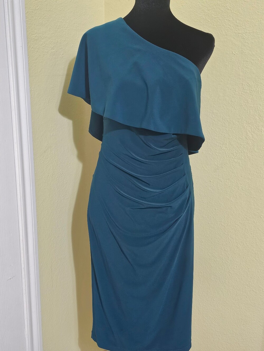 Xscape One-Shoulder Teal Blue Ruched Midi Dress